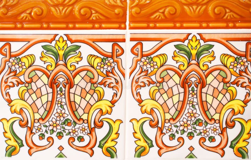 Detail of the traditional tiles from facade of old house. Decorative tiles.Spain traditional tiles. Floral ornament. Majolica, Watercolor.