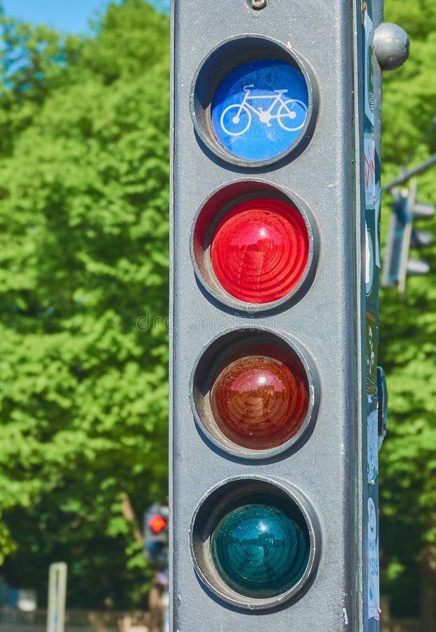 Berlin, Germany, May 6., 2020: Detail of a traffic light for cyclists