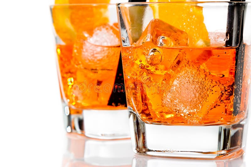 Detail of two glasses of spritz aperitif aperol cocktail with orange slices and ice cubes royalty free stock photography Detail of two glasses of spritz aperitif aperol cocktail with orange slices and ice cubes royalty free stock photography
