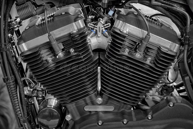 Detail of V-twin engines of motorcycle.