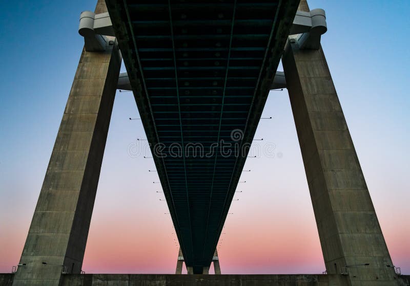 Detail of Vasco da Gama`s Bridge during a sunset with clear sky