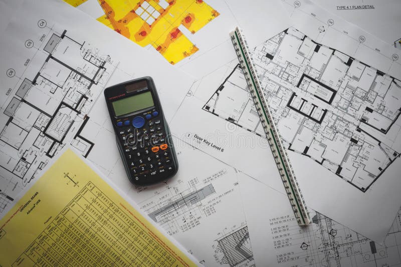 Detail view of architectural and structural construction drawings with designer tools. royalty free stock images