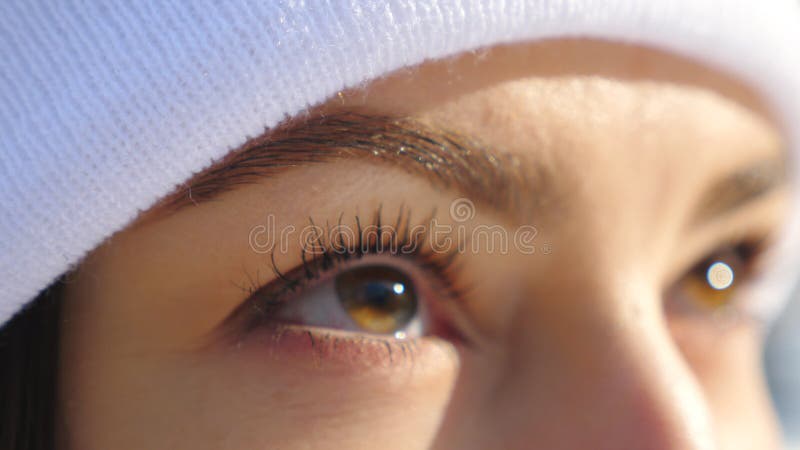 Detail view of woman brown eyes looking around. Attractive girl standing in winter forest and admiring beautiful view