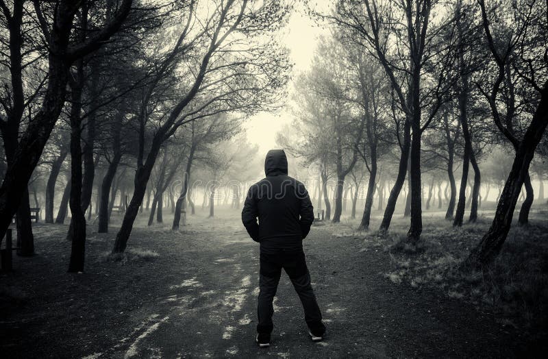Man in dark forest royalty free stock images