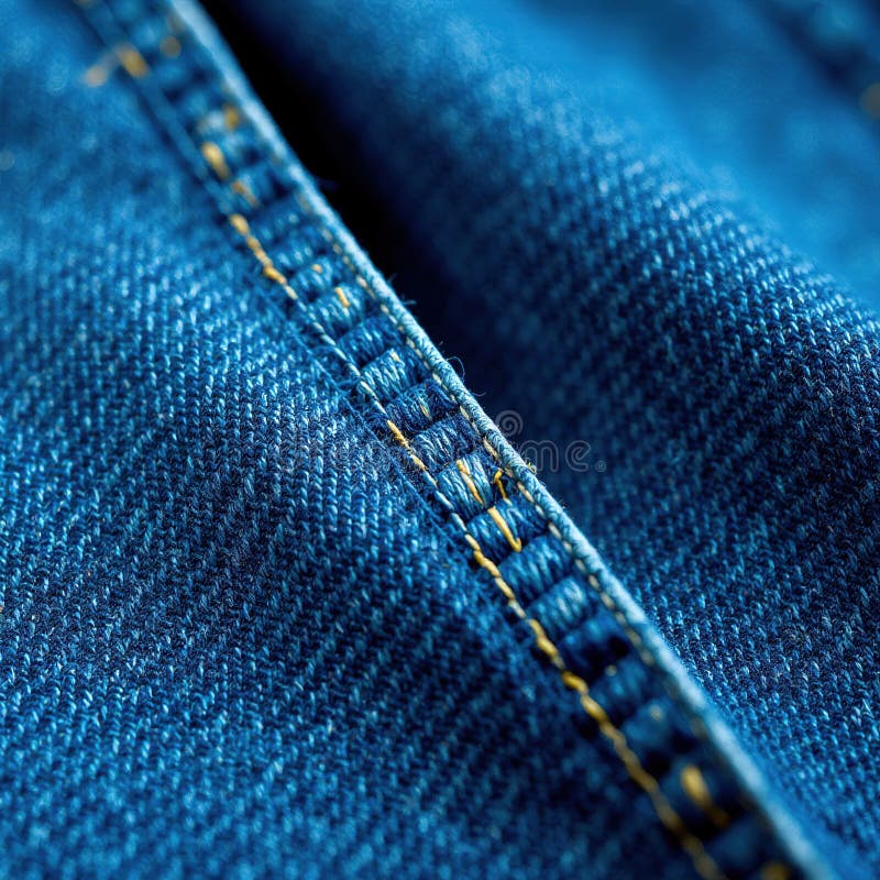 Detailansicht der matten blauen Denim-Stoffe mit kompliziertem Stitching und markanten Gelbsteinen Eine Studie in Rustikal stock abbildung