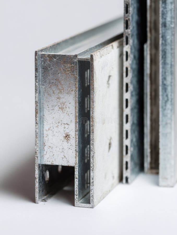 Detailansicht der Metallprofile für Trockenbau mit weichem weißem Hintergrund stockfoto