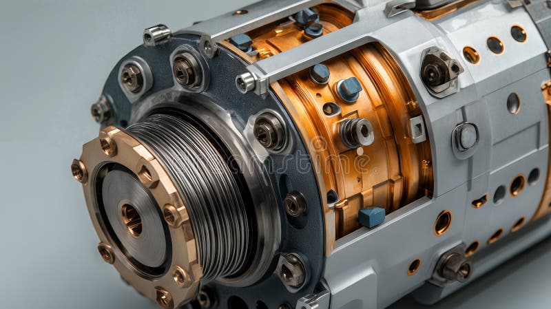 Detailansicht des industriellen metallischen Zylinders mit Schrauben und Kupfer-Komponenten stock abbildung