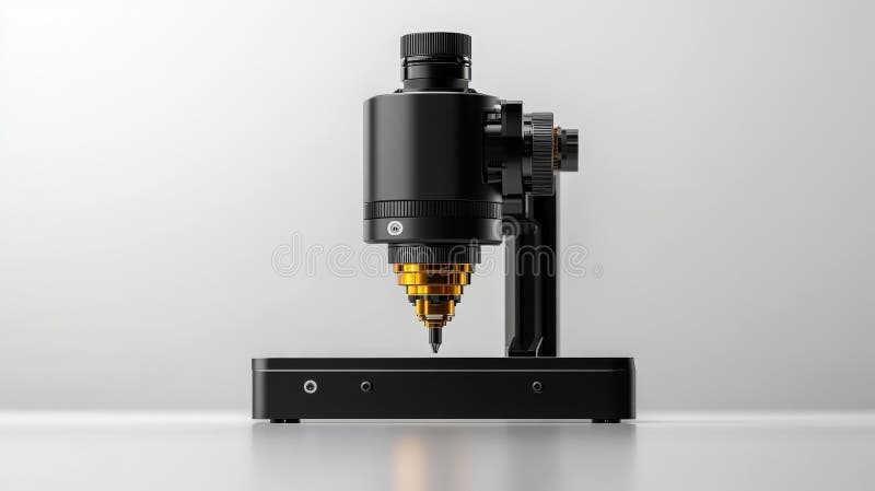 Detailansicht des Mikroskops, beleuchtet mit gelbem Licht, das die mikroskopische Welt erforscht. Mikroskop beleuchtet mit gelben Licht detailliert Ansicht Generative ai