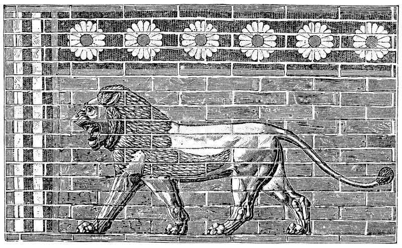 Detailansicht eines Löwensymbols der Göttin Ishtar mit floraler Frieze Unten. lizenzfreie abbildung