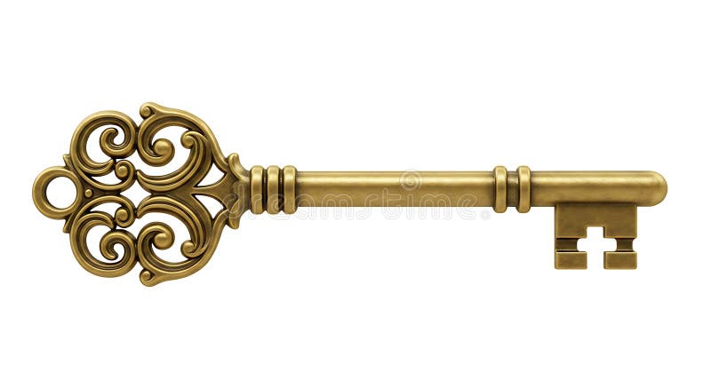 Detailed antique golden key with intricate design, isolated on a white background. royalty free stock photos