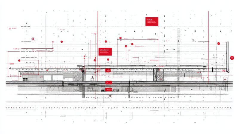 Detailed architectural blueprint illustrates the layout of a transportation station with structural components, dimensions, and design annotations. Annotations ai stock images, royalty-free photos and pictures