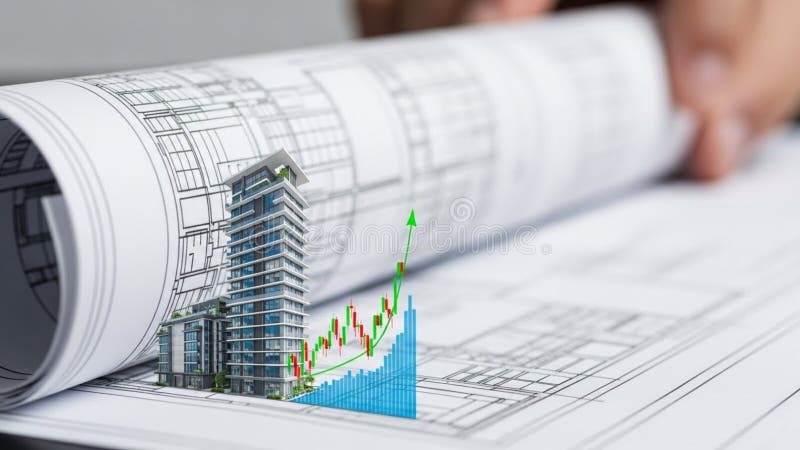 A detailed architectural blueprint is partially unrolled with a small model skyscraper and a rising graph superimposed on it. vector illustration