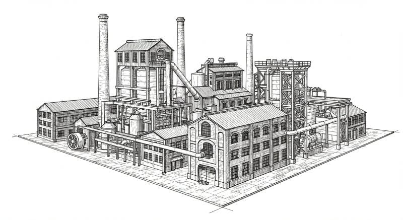 A detailed architectural drawing depicting an industrial complex with multiple vector illustration
