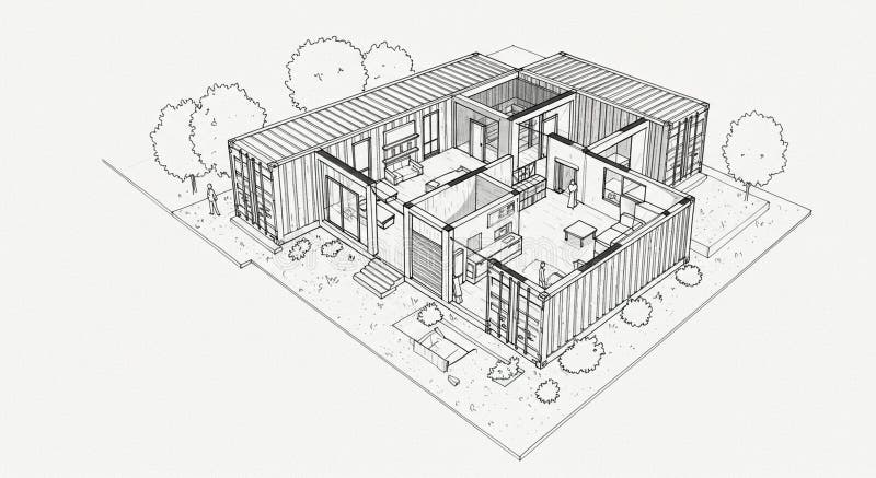 A detailed architectural drawing of a modern, single-story house stock illustration