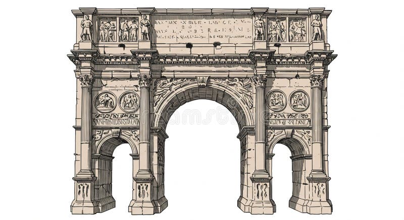 A detailed architectural drawing of a triumphal arch resembling the Arch of vector illustration