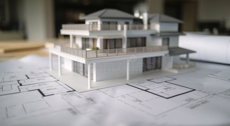 Architectural Model of Modern House on Blueprint Plans stock illustration