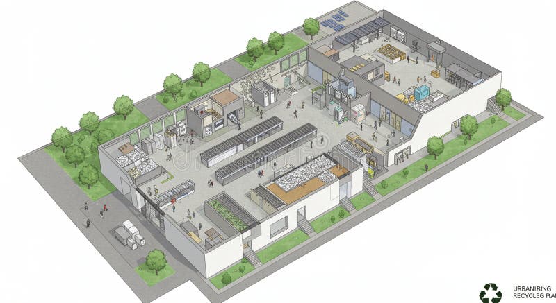 A detailed architectural plan of a modern recycling facility is depicted in this 3D royalty free illustration