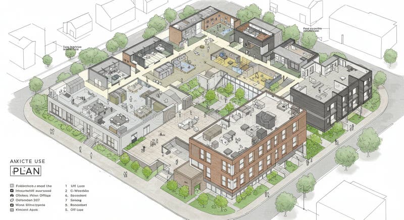 A detailed architectural rendering of a mixed-use urban vector illustration