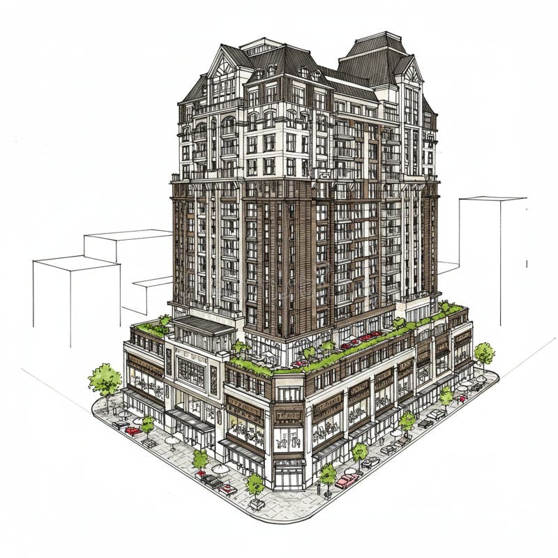 A detailed architectural rendering of a multi-story building combines classical and stock illustration