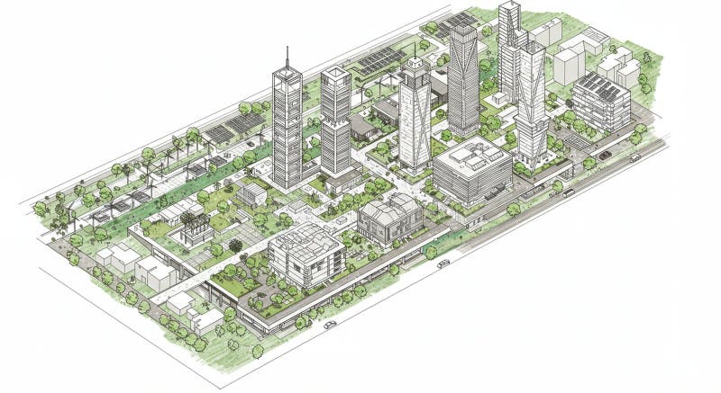 A detailed architectural rendering of an urban development plan featuring multiple royalty free illustration