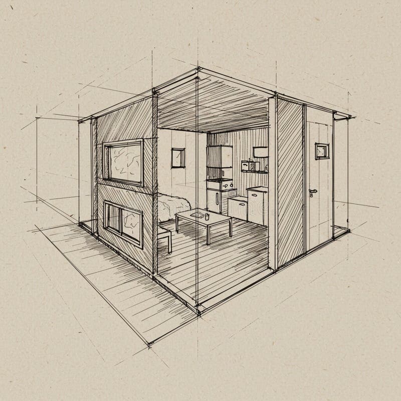 A detailed architectural sketch of a minimalist interior space vector illustration