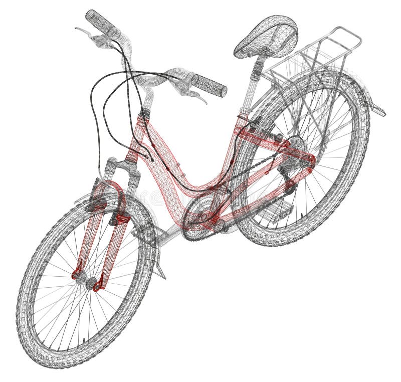 Detailed Bike Wireframe from Black Lines Isolated on White Background. Isometric View. 3D Stock