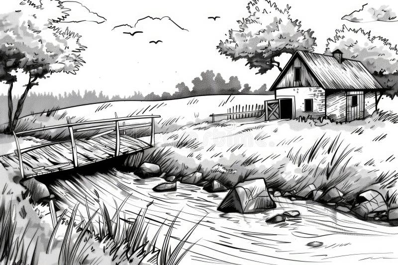 Detailed black and white drawing of a house and a bridge. Suitable for architectural and engineering projects royalty free stock image