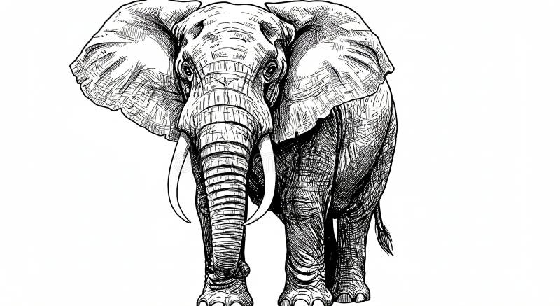 Detailed black and white illustration of an African elephant. The drawing royalty free illustration
