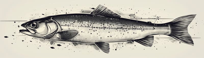 A detailed black and white illustration of a fish stock illustration