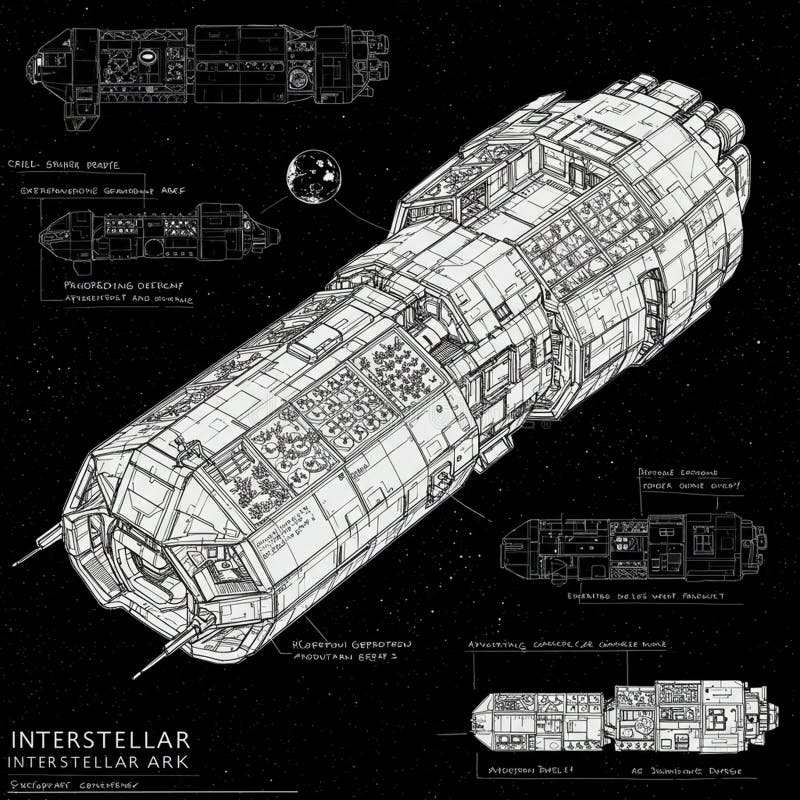 A detailed blueprint of an interstellar spaceship titled \'Interstellar Ark\' features a large stock illustration