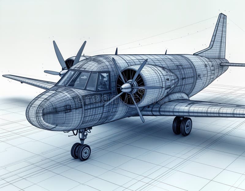 Detailed blueprint tech drawing of airplane jet engine motors with propellers. Wireframe design shows plane components royalty free illustration