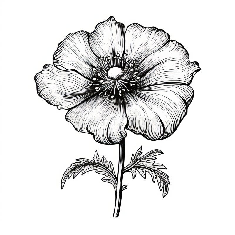 Detailed Botanical Illustration of a Baroque-inspired Poppy Flower ...