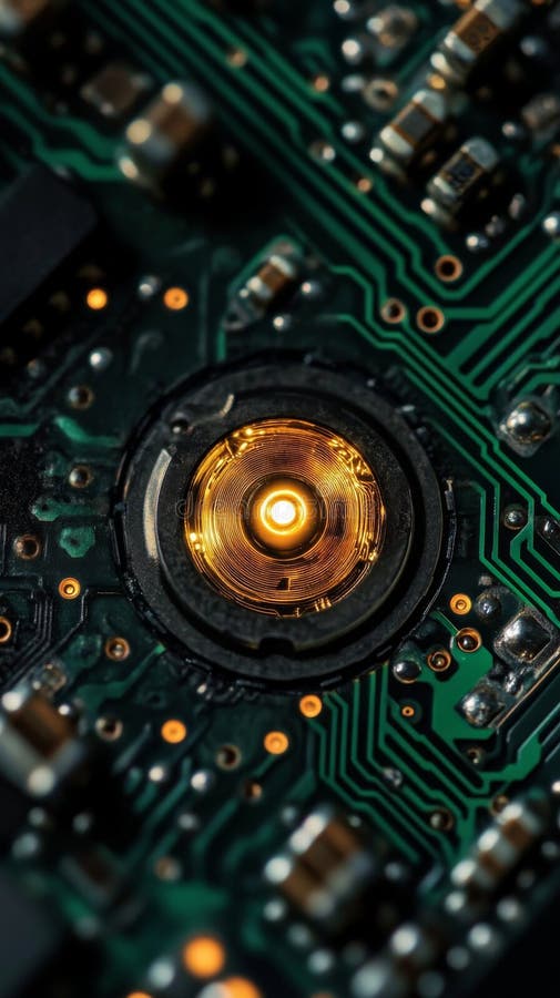 Detailed circuit board with glowing orange core. Macro shot of a detailed circuit board featuring a glowing orange core surrounded by intricate green circuitry. Perfect for showcasing advanced electronic design.. AI Generation AI generated