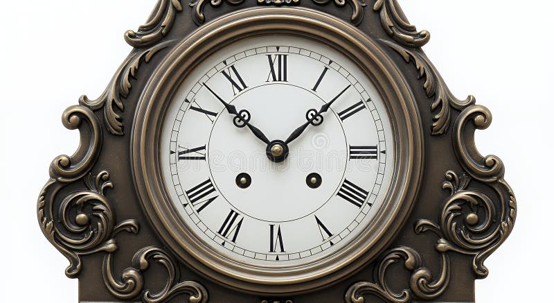 Antique Ornate Bronze Clock with White Face Detailed Close Up Studio Shot royalty free illustration