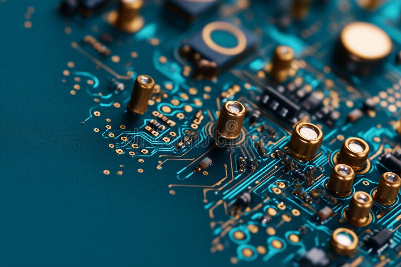 Detailed close-up of blue electronic circuit board with golden components and connections stock illustration