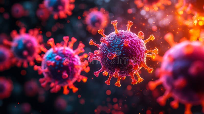 Detailed close-up of colorful virus particles under electron microscope in laboratory setting royalty free illustration