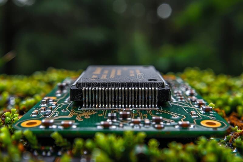Detailed close up of a computer circuit board with a cpu and intricate electronic components. royalty free illustration