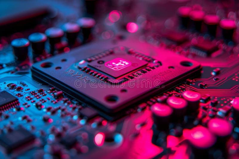 Detailed close up of a computer circuit board highlighting cpu and complex electronic components royalty free illustration