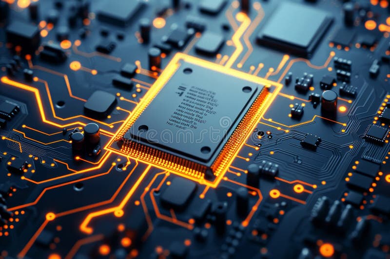 Detailed close up of a computer circuit board showcasing the central processing unit and components vector illustration