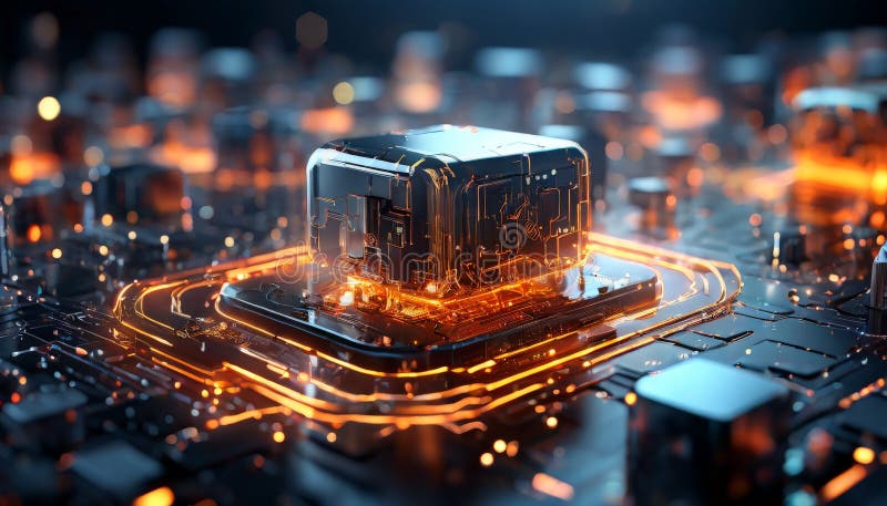 Microcip futurist strălucind cu lumină vibrantă pe o placă de circuite royalty free stock photography