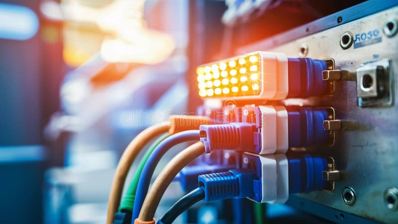 Detailed Close-up of 5G Network Equipment with Cables and Lights stock illustration