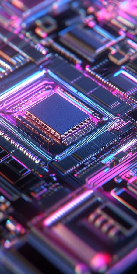 Abstract Close-Up of Colorful Circuit Board with Microprocessor Detail stock illustration