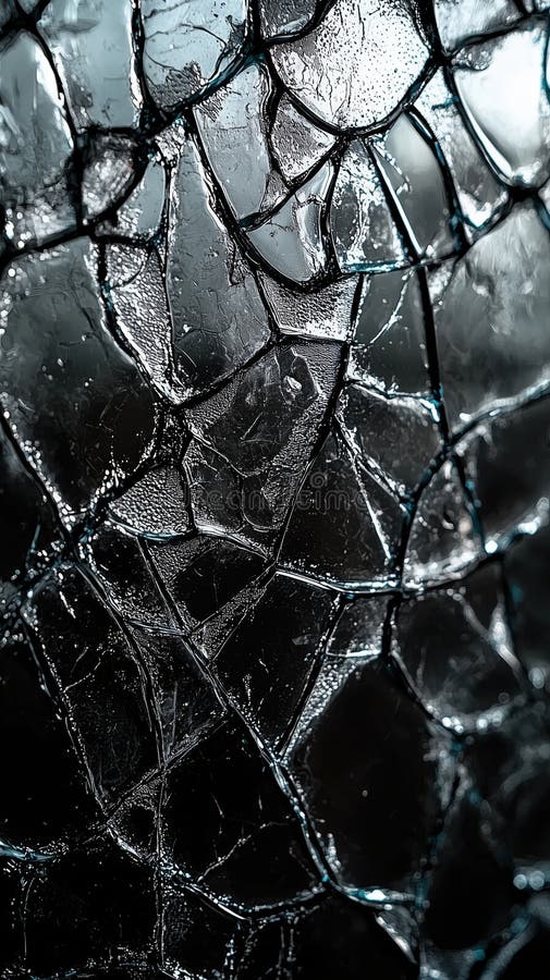 Close-up of fractured glass surface with intricate patterns and moisture droplets stock illustration