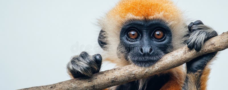 Close-up of langur monkey holding a tree branch, showcasing intricate details of its hands and expressive eyes in a. A detailed close-up image of a langur monkey gripping a tree branch, highlighting the texture of its hands and the depth of its expressive eyes. This photograph captures the essence of wildlife and nature s beauty. AI generated