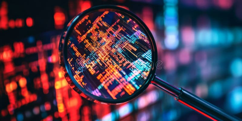 Detailed Close-Up of Magnifying Glass Over Colorful Data Visualization stock illustration