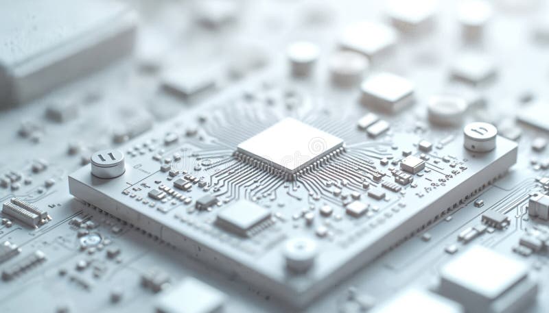Detailed close-up of modern silver computer motherboard electronic circuit board. AI ML tech hardware banner concept. Microchip royalty free illustration
