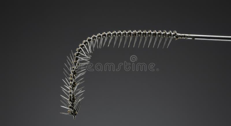 Intricate Spine-like Plant Structure, Detailed Close-up Photography. A detailed close-up showcasing the intricate structure of a plant s spine-like formation, highlighting its unique texture and shape against a neutral grey backdrop.