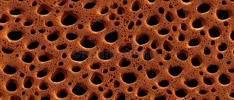 Detailed close-up of spongy brown texture with irregular holes and shadows, wide abstract patterned background royalty free illustration