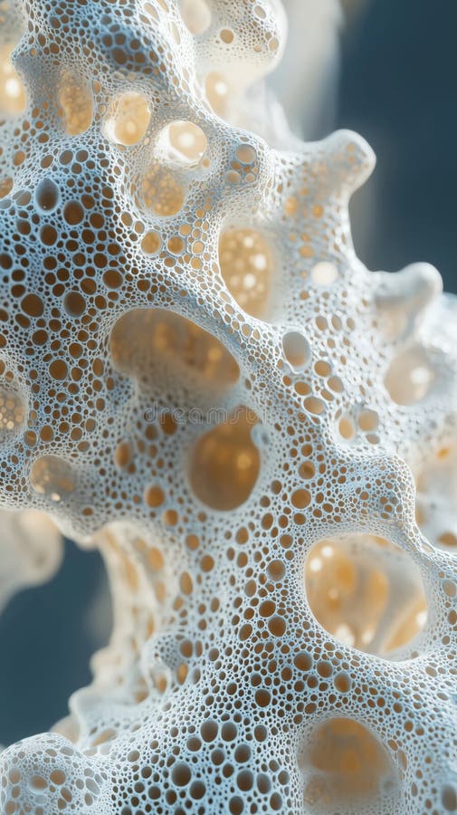 Close-up of intricate white foam structure with bubbles and voids. Detailed close-up of a unique white foam structure showcasing a complex pattern of bubbles and voids, emphasizing texture and organic forms. AI Generated
