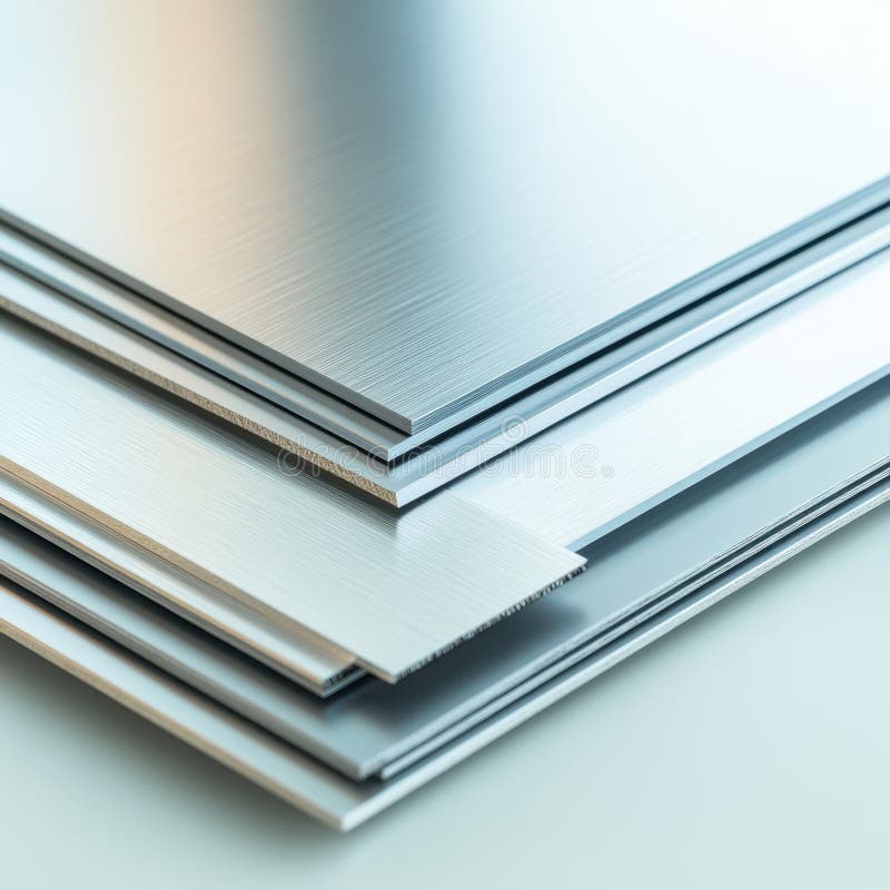 A detailed close-up view of a neatly arranged stack of metal sheets resting on a flat surface, showcasing texture and stock photos